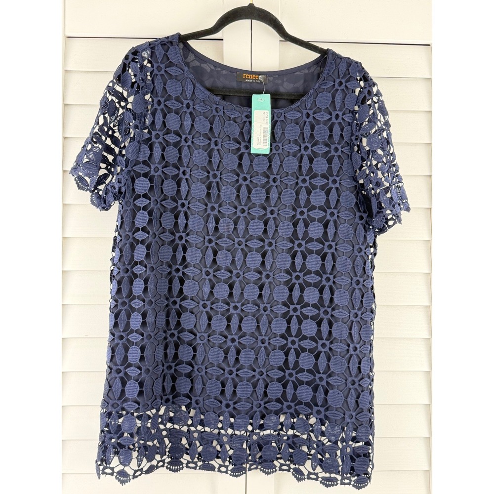 Renee C Crochet‎ Top Women XL Navy NEW Short Sleeve Geometric Lace Blouse
